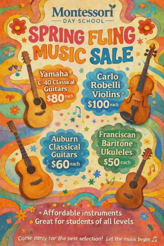etro poster for the Montessori Day School Spring Fling Music Sale in Phoenix, listing affordable student models including Yamaha and Auburn guitars, Carlo Robelli violins, and Franciscan ukuleles starting at $60.